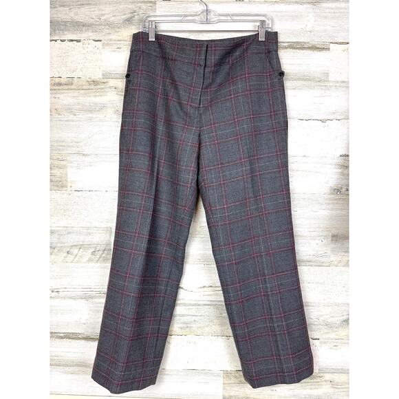 Talbots Women’s 10 Gray Red Plaid Zip Lined Wool Blend Straight Wide Leg Pants - Picture 1 of 5